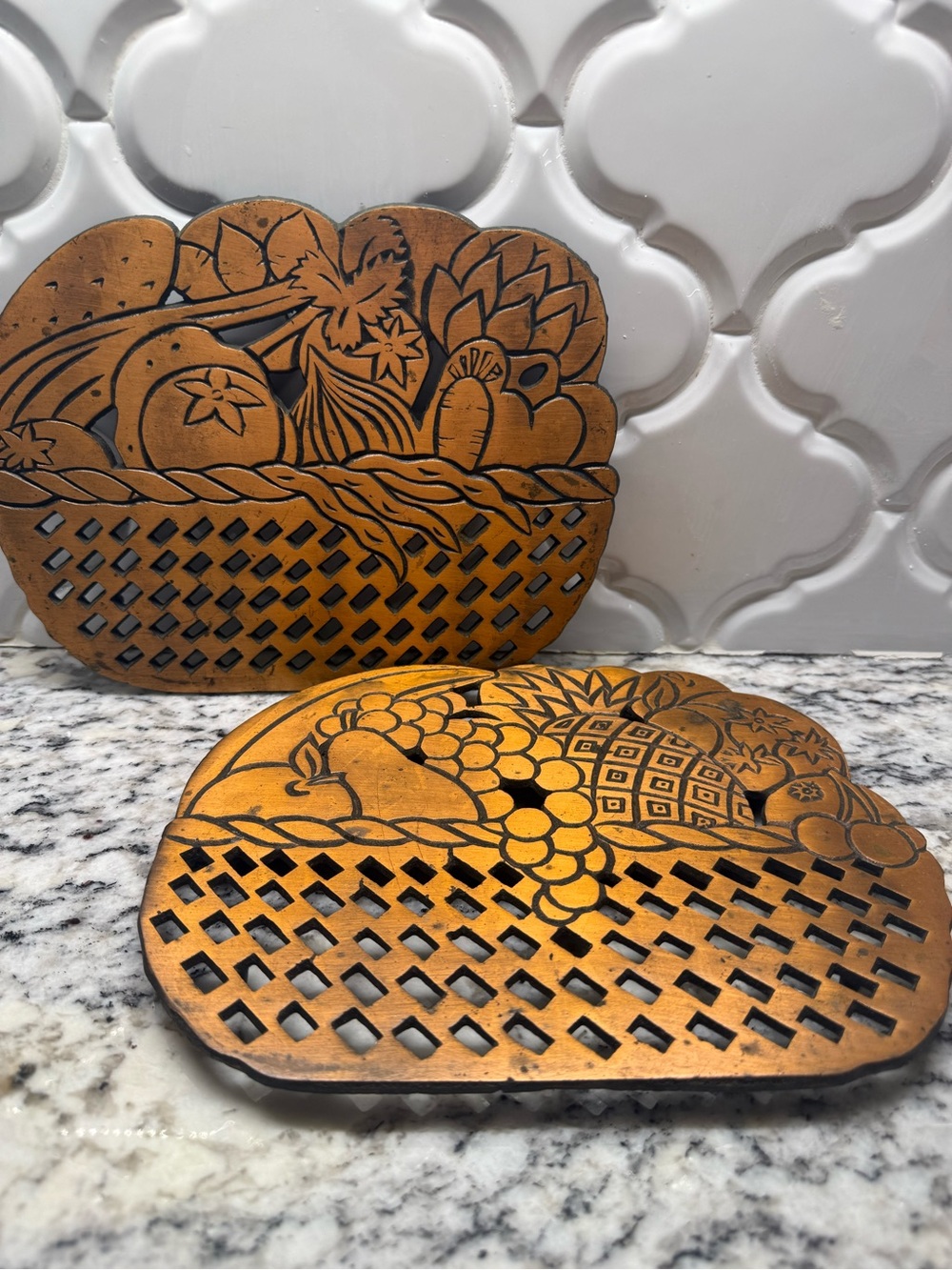 Vintage 1983 Himark Cast Iron Trivets   (Fruit Basket and Vegetable Basket)